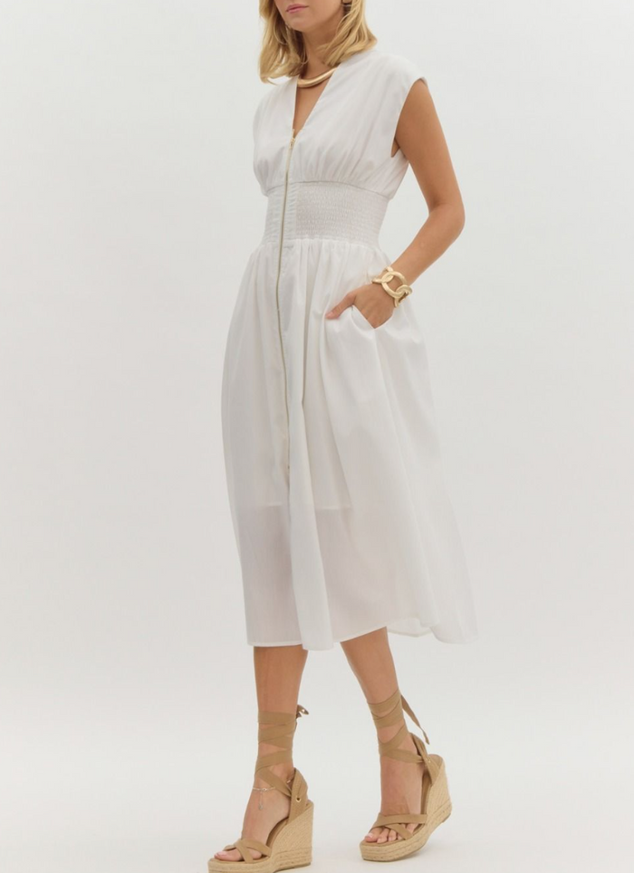 Solid V-neck Sleeveless Midi Dress