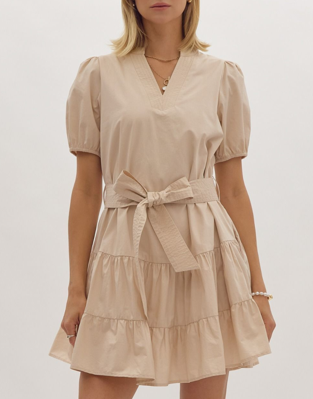 Solid V-Neck Short Sleeve Mini Dress