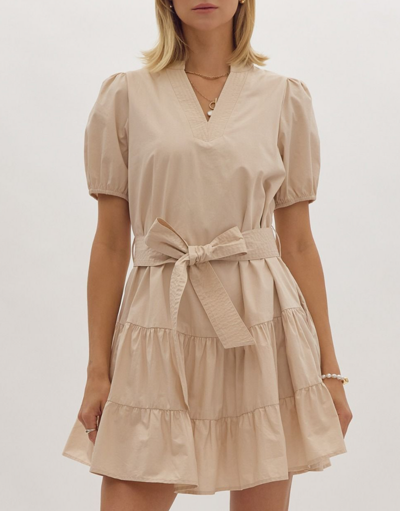 Solid V-Neck Short Sleeve Mini Dress