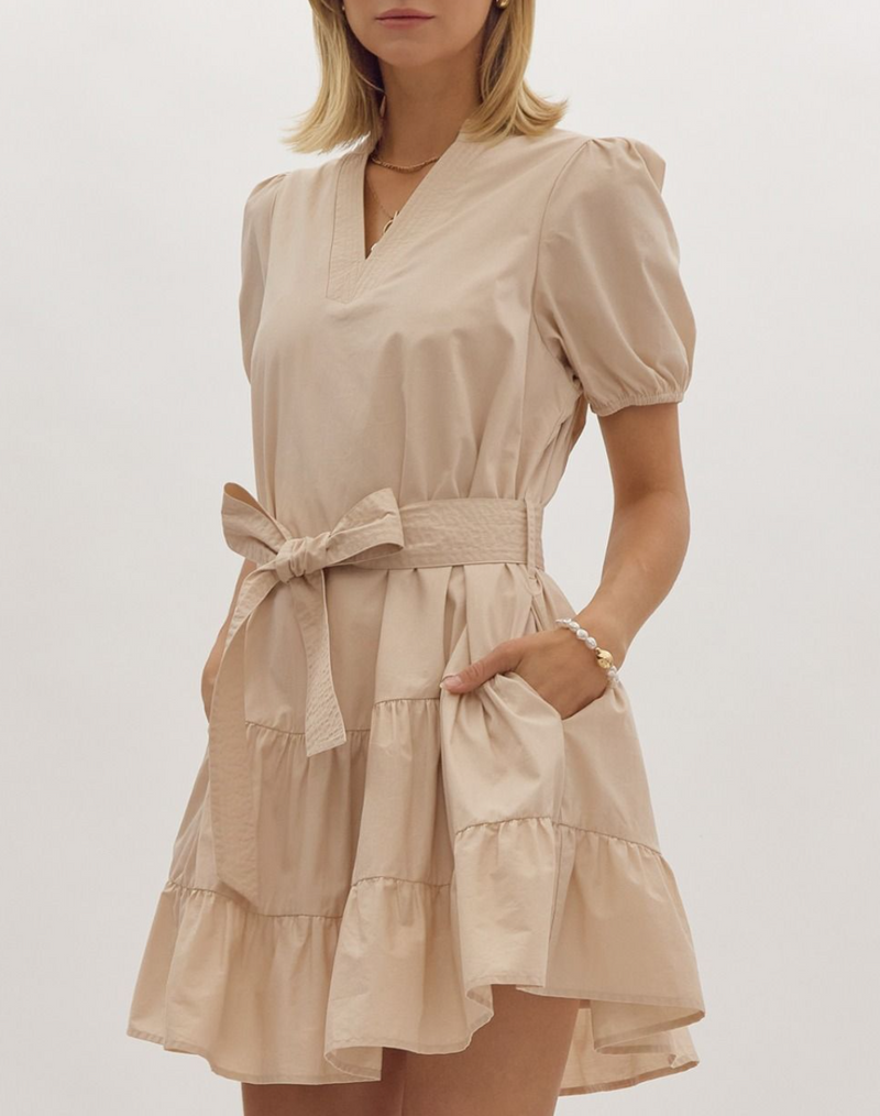 Solid V-Neck Short Sleeve Mini Dress