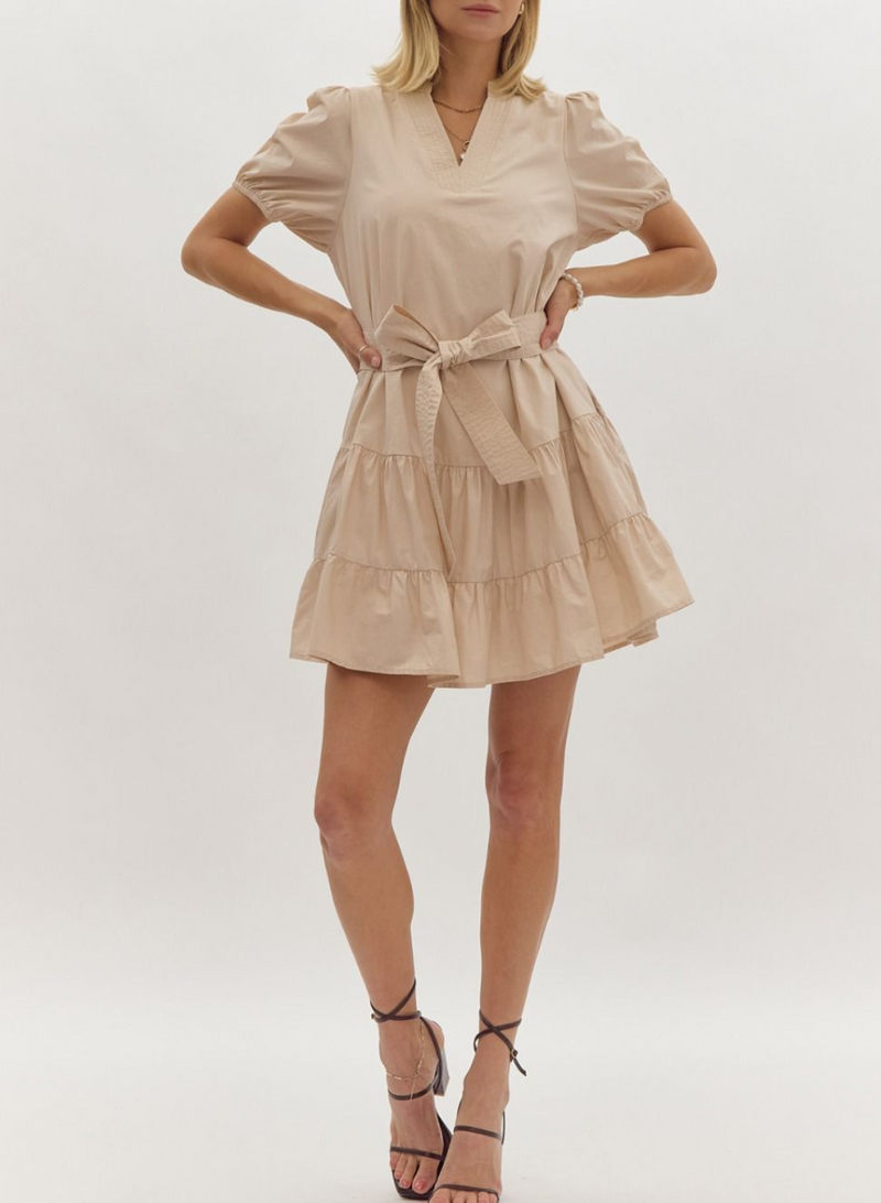 Solid V-Neck Short Sleeve Mini Dress