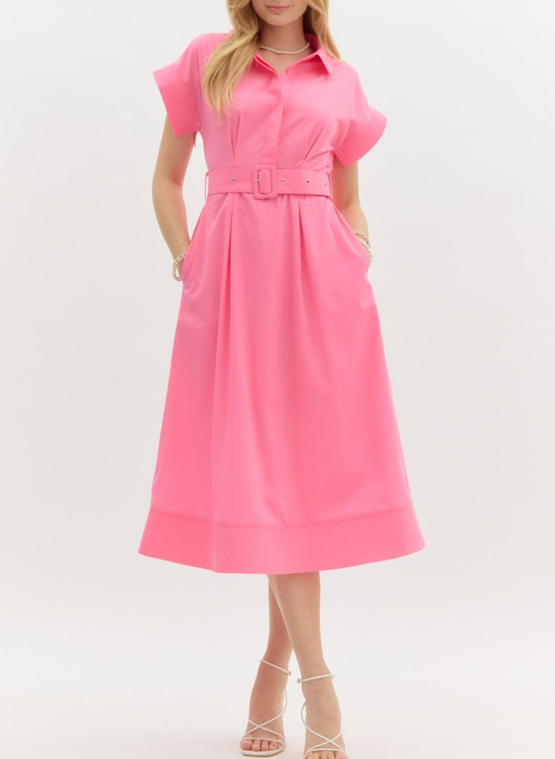 Solid Stitch Detailed Short Wing Sleeve Button Front Midi Dress
