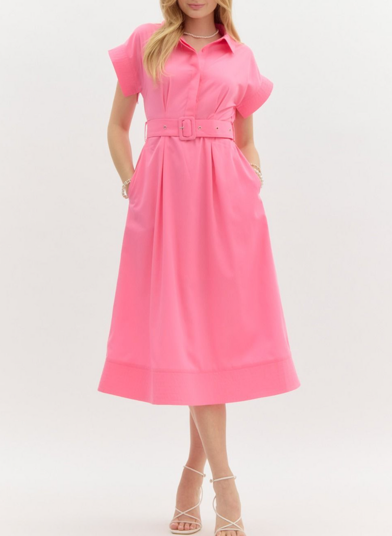 Solid Stitch Detailed Short Wing Sleeve Button Front Midi Dress