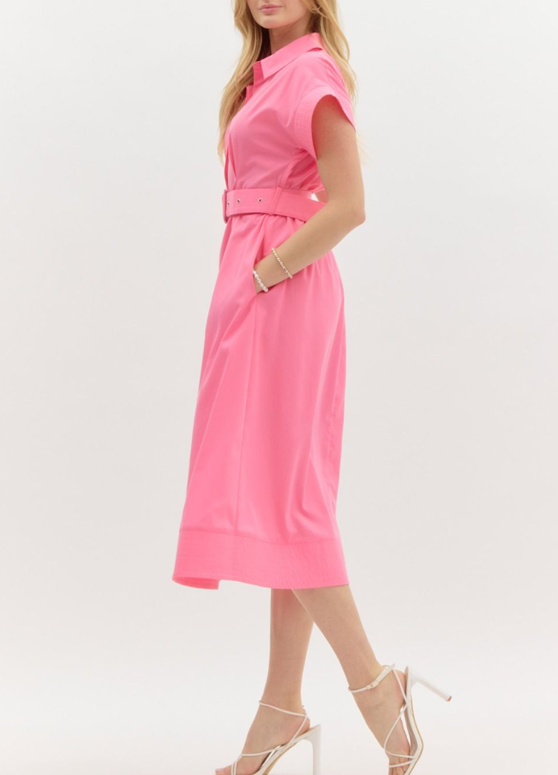 Solid Stitch Detailed Short Wing Sleeve Button Front Midi Dress