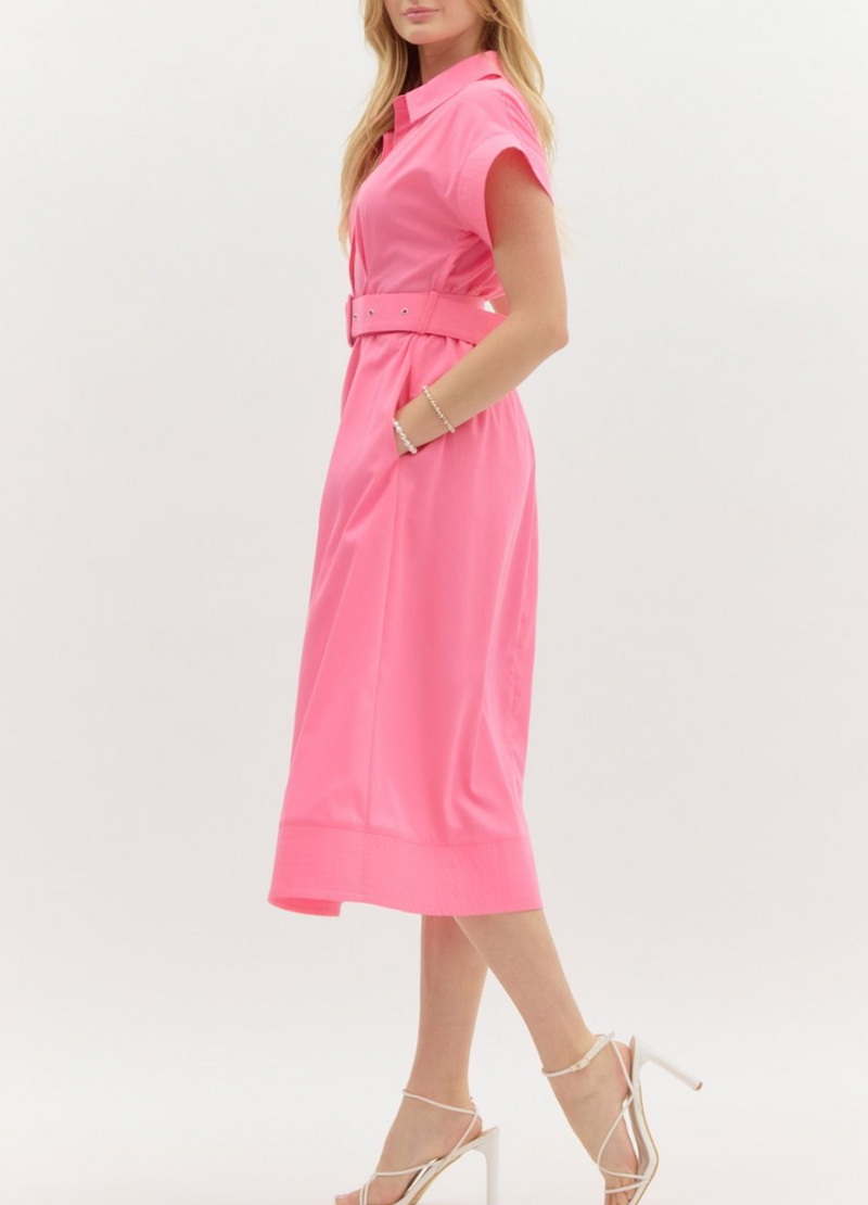 Solid Stitch Detailed Short Wing Sleeve Button Front Midi Dress