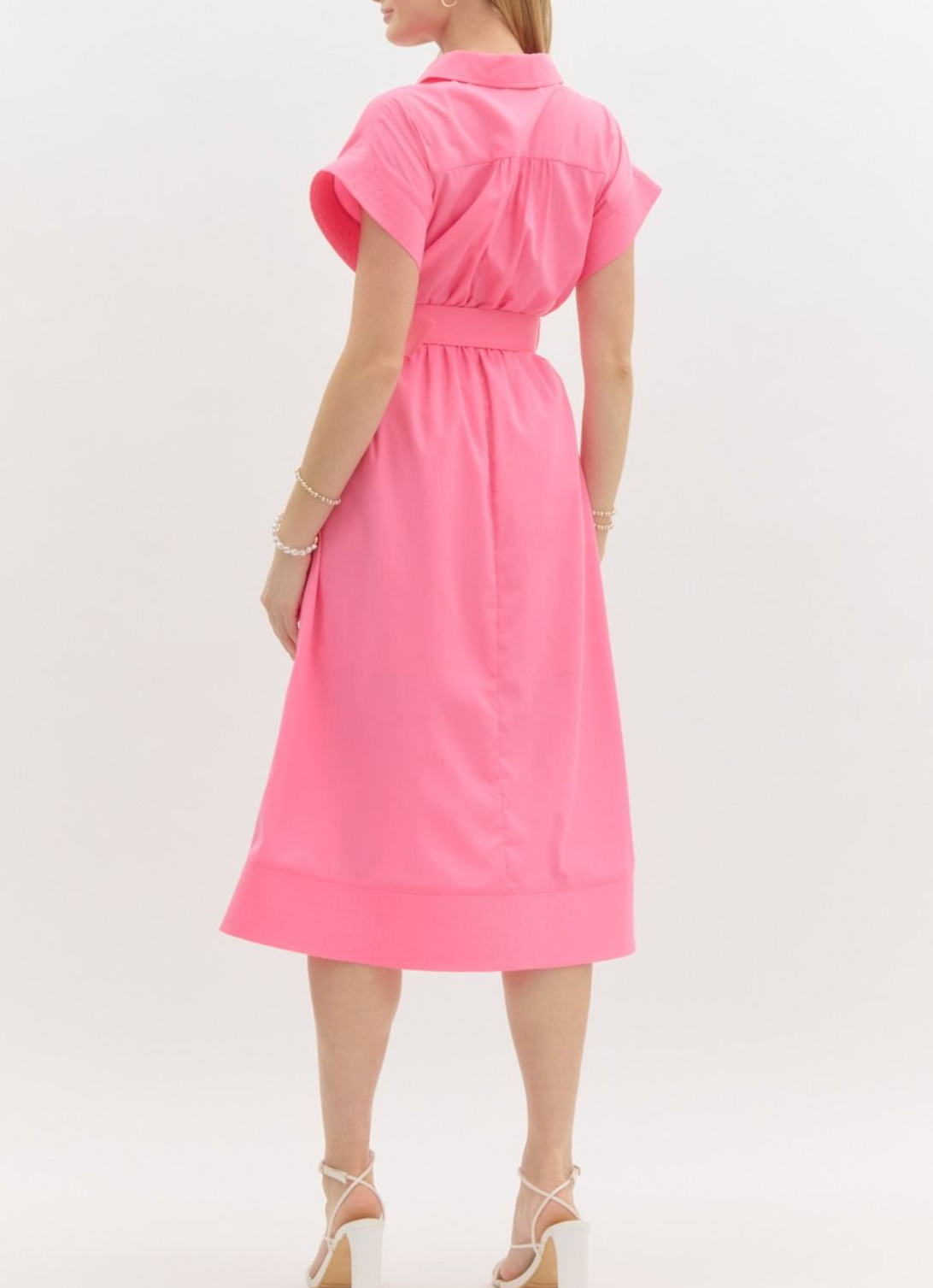Solid Stitch Detailed Short Wing Sleeve Button Front Midi Dress