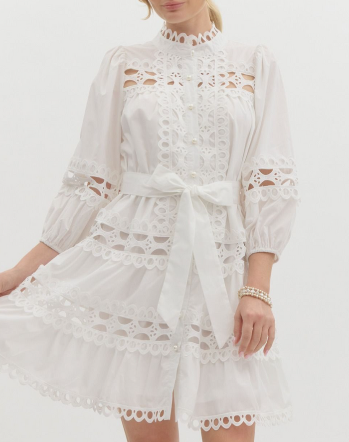 Solid ¾ Sleeve Pearl Button-Up Mini Dress Featuring Lace Trim Detail
