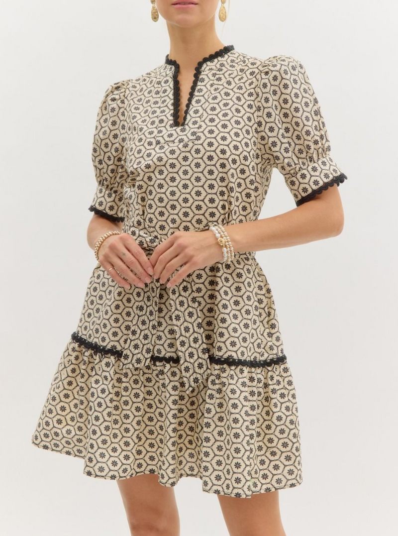 Printed Short Puff Sleeve Mini Pullover Dress Featuring Scallop Trim Accents