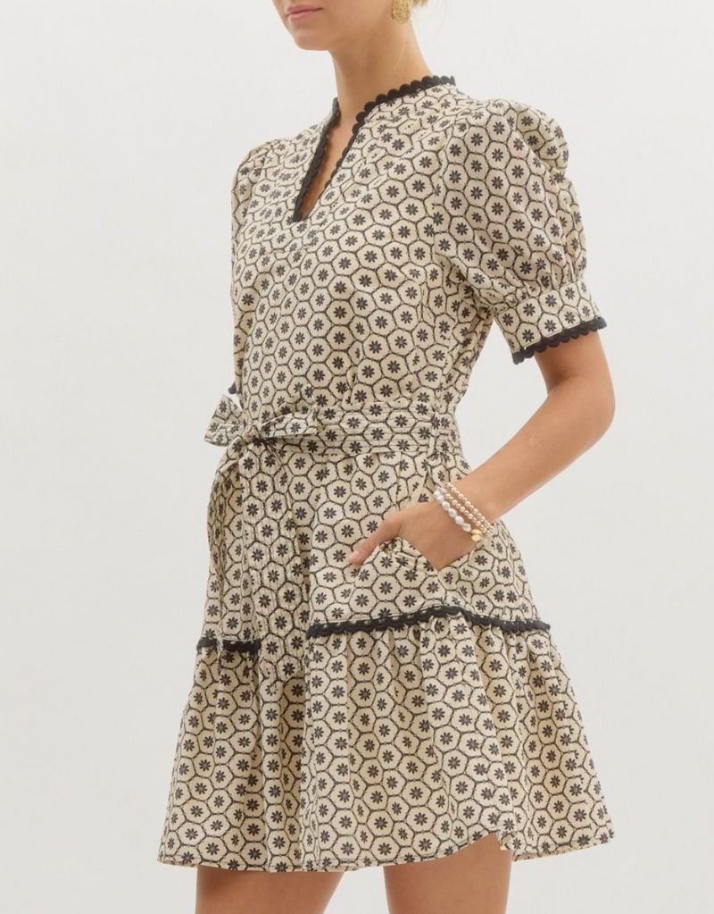 Printed Short Puff Sleeve Mini Pullover Dress Featuring Scallop Trim Accents