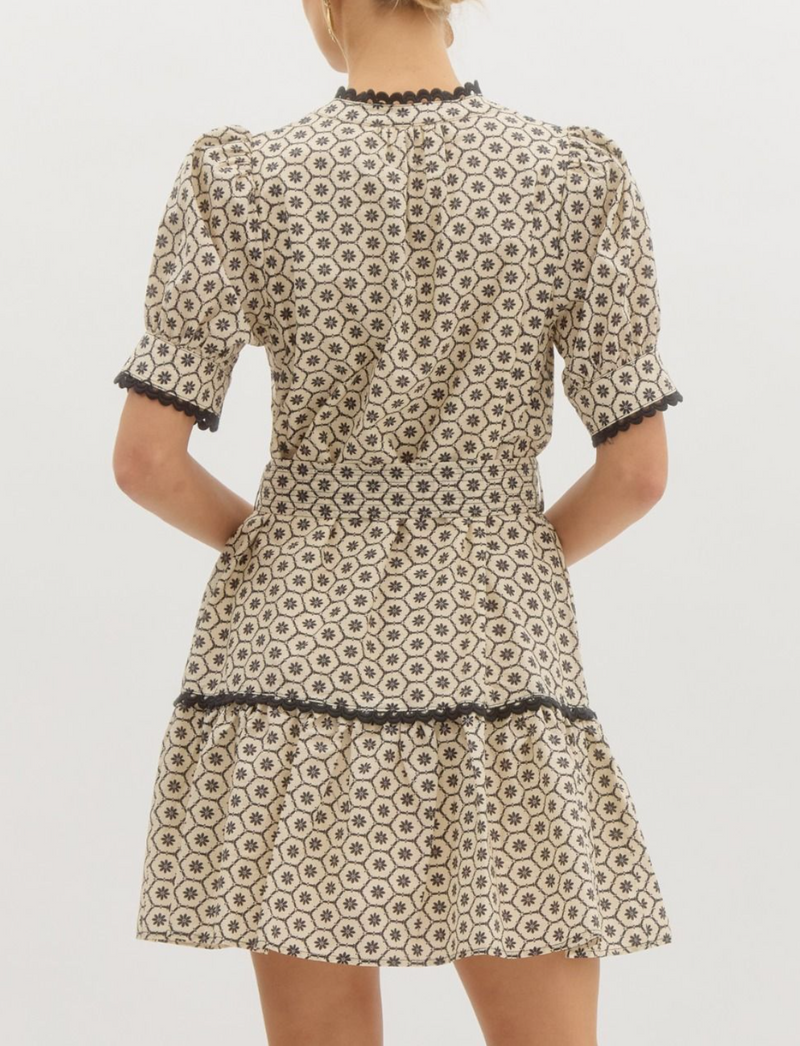 Printed Short Puff Sleeve Mini Pullover Dress Featuring Scallop Trim Accents