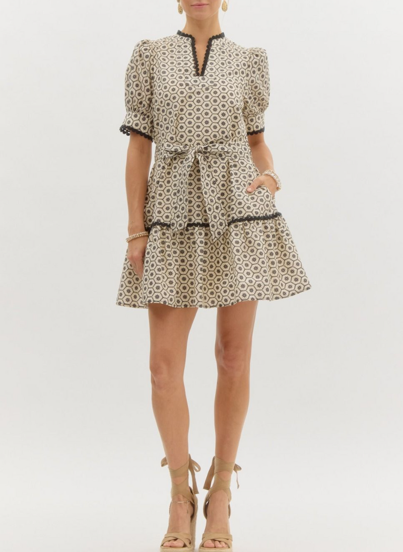 Printed Short Puff Sleeve Mini Pullover Dress Featuring Scallop Trim Accents