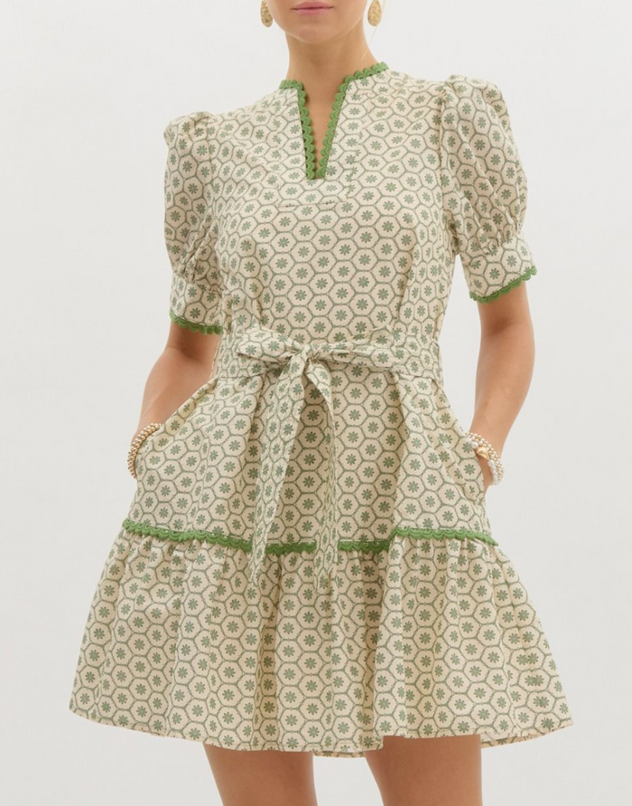 Green Printed Short Puff Sleeve Mini Pullover Dress Featuring Scallop Trim Accents
