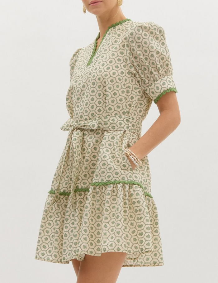 Green Printed Short Puff Sleeve Mini Pullover Dress Featuring Scallop Trim Accents