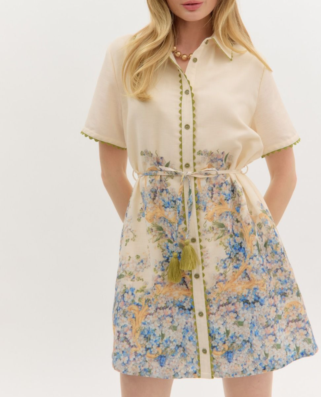 Short Sleeve Shirt Dress Featuring Accented Border Floral Print