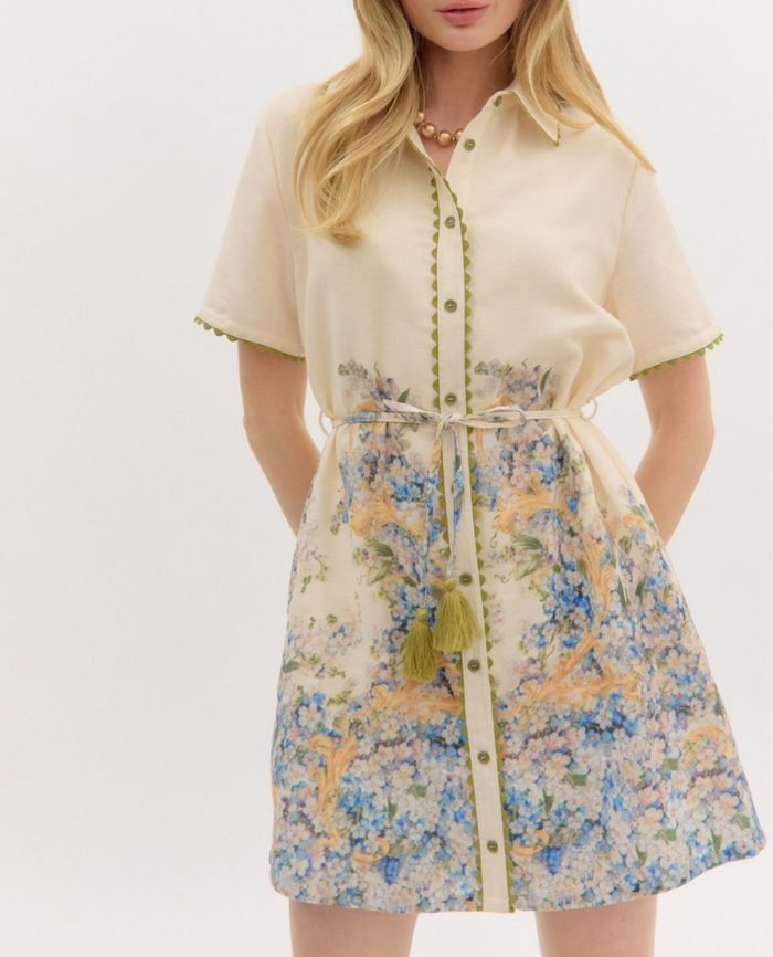 Short Sleeve Shirt Dress Featuring Accented Border Floral Print