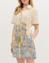 Short Sleeve Shirt Dress Featuring Accented Border Floral Print