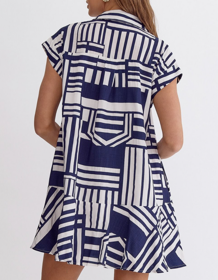Geometric Navy Color Pattern Collared Mini Dress