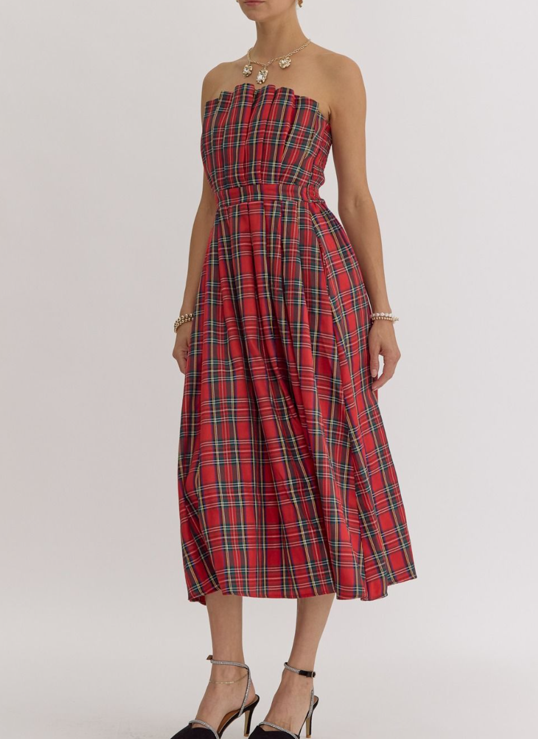 Plaid Strapless Midi Dress