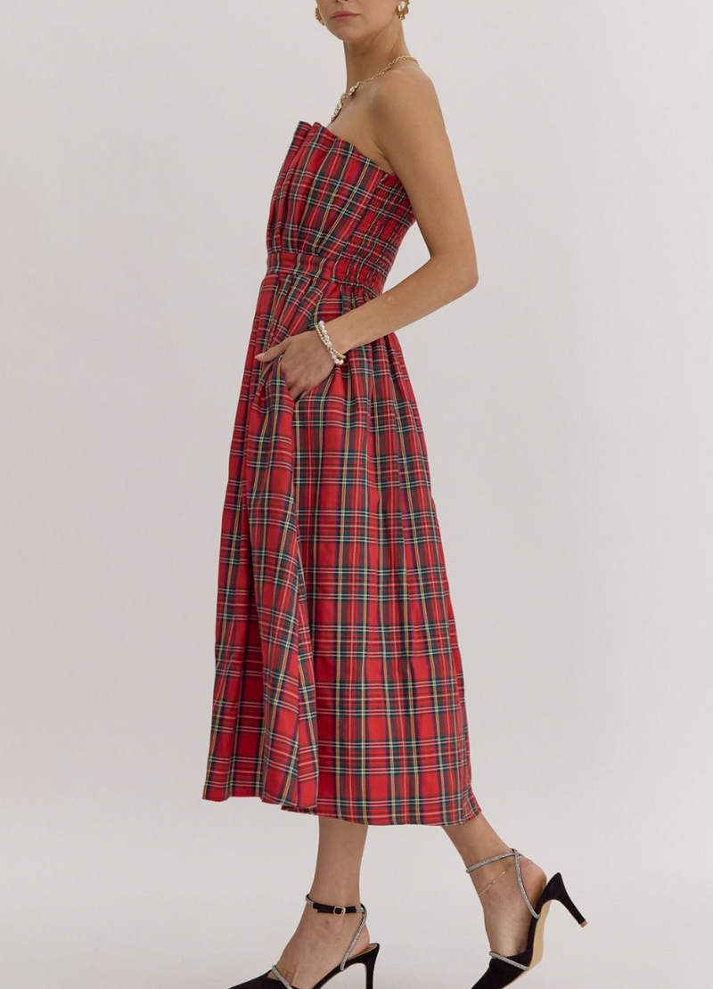 Plaid Strapless Midi Dress