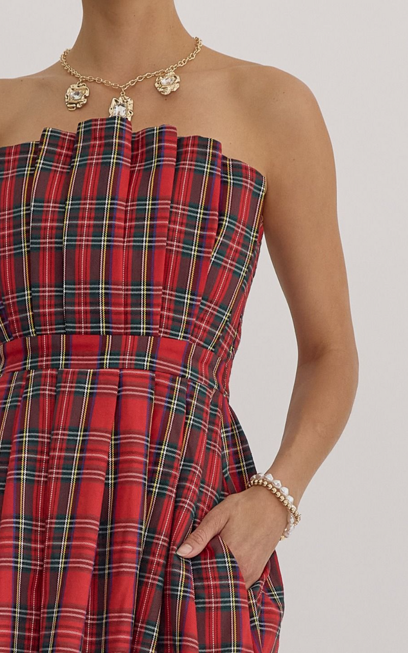 Plaid Strapless Midi Dress