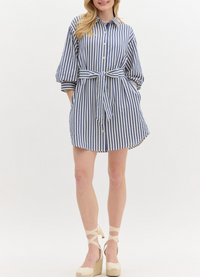 Stripe Pattern Off Shoulder ¾ Cuff Voluminous Sleeve Mini Shirt Dress