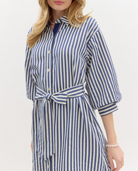 Stripe Pattern Off Shoulder ¾ Cuff Voluminous Sleeve Mini Shirt Dress