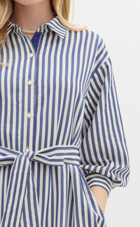 Stripe Pattern Off Shoulder ¾ Cuff Voluminous Sleeve Mini Shirt Dress
