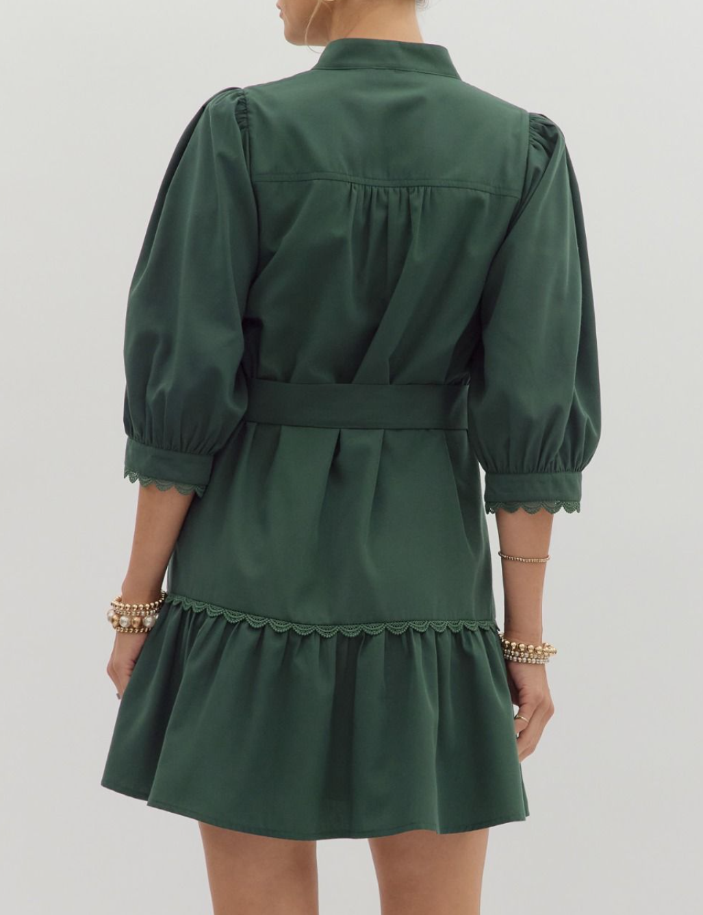 Solid ¾ Cuff Band Sleeve Scallop Trim Mini Dress