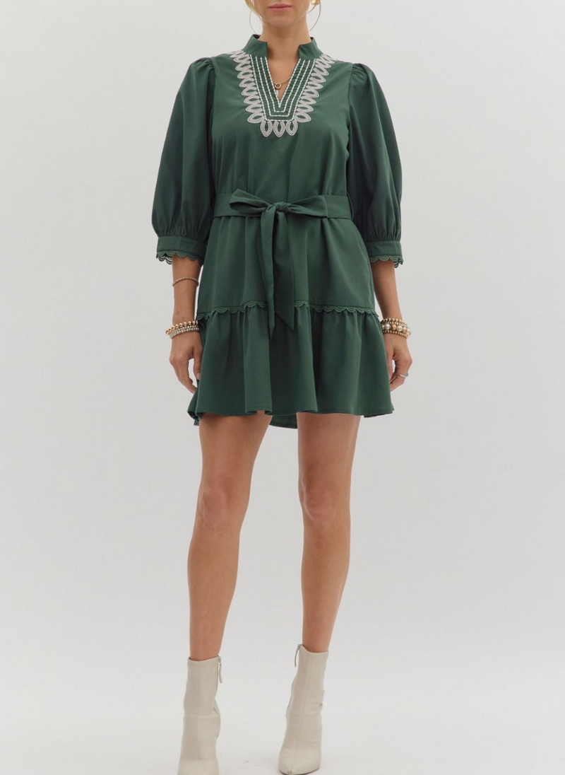 Solid ¾ Cuff Band Sleeve Scallop Trim Mini Dress