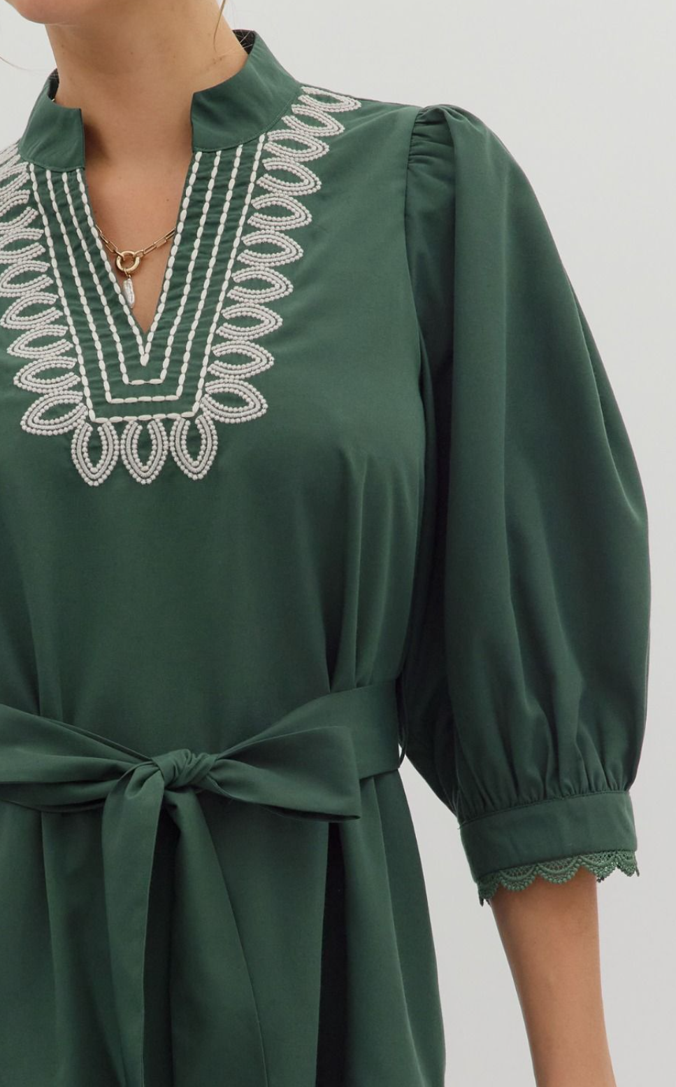 Solid ¾ Cuff Band Sleeve Scallop Trim Mini Dress