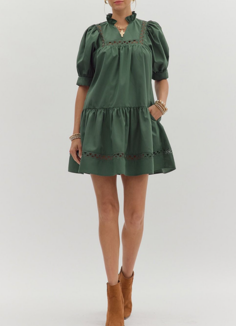 Solid Cuff Ruffle Hem Pullover Mini Dress