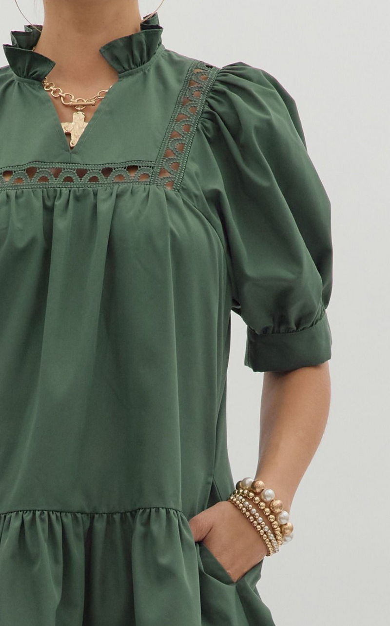 Solid Cuff Ruffle Hem Pullover Mini Dress