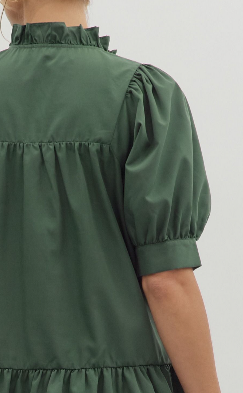 Solid Cuff Ruffle Hem Pullover Mini Dress