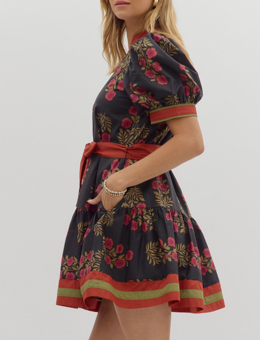 Floral Pattern Short Puff Sleeve Ruffle Hem Mini Dress