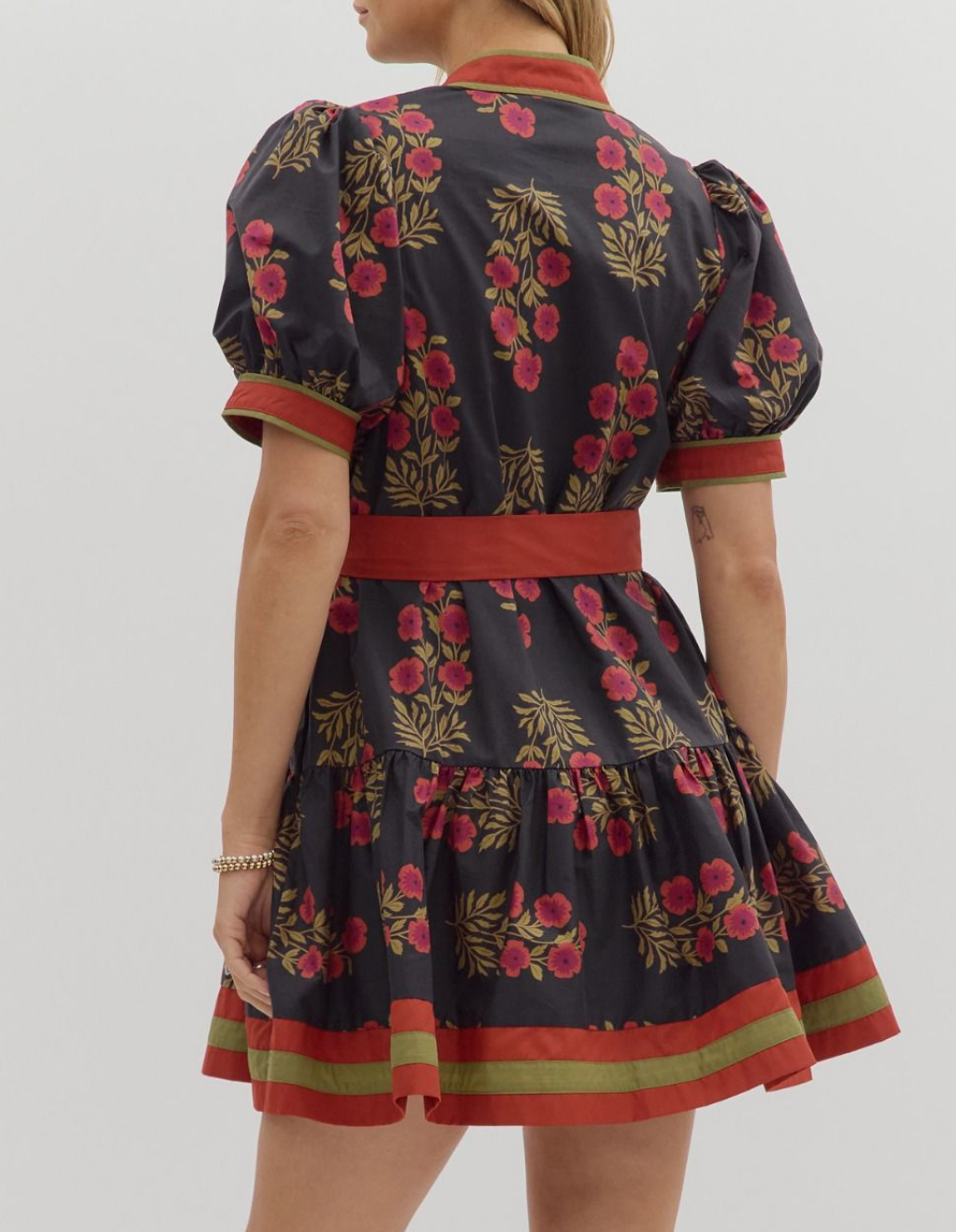 Floral Pattern Short Puff Sleeve Ruffle Hem Mini Dress