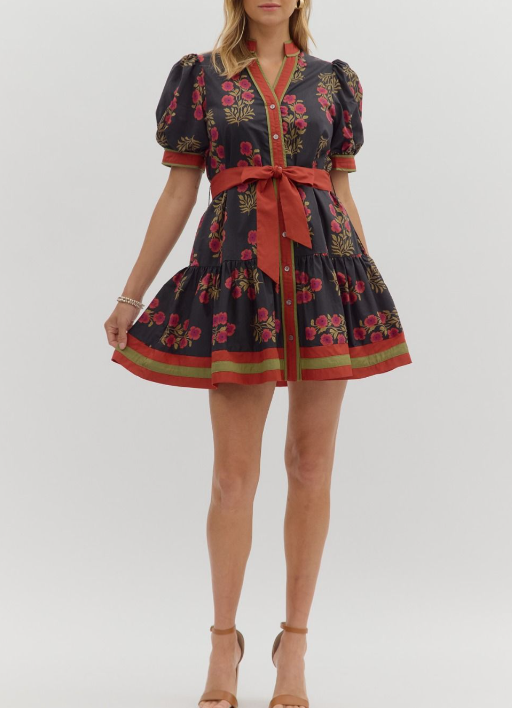 Floral Pattern Short Puff Sleeve Ruffle Hem Mini Dress