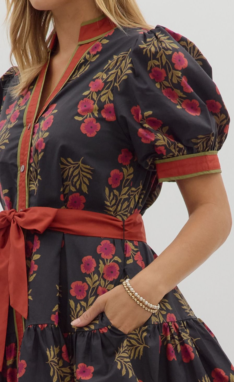 Floral Pattern Short Puff Sleeve Ruffle Hem Mini Dress