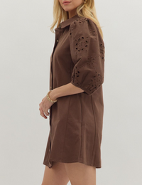 Solid Eyelet ¾ Puff Sleeve Mini Dress