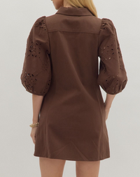 Solid Eyelet ¾ Puff Sleeve Mini Dress