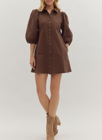 Solid Eyelet ¾ Puff Sleeve Mini Dress