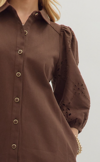 Solid Eyelet ¾ Puff Sleeve Mini Dress