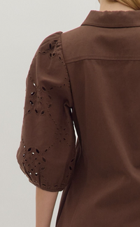 Solid Eyelet ¾ Puff Sleeve Mini Dress