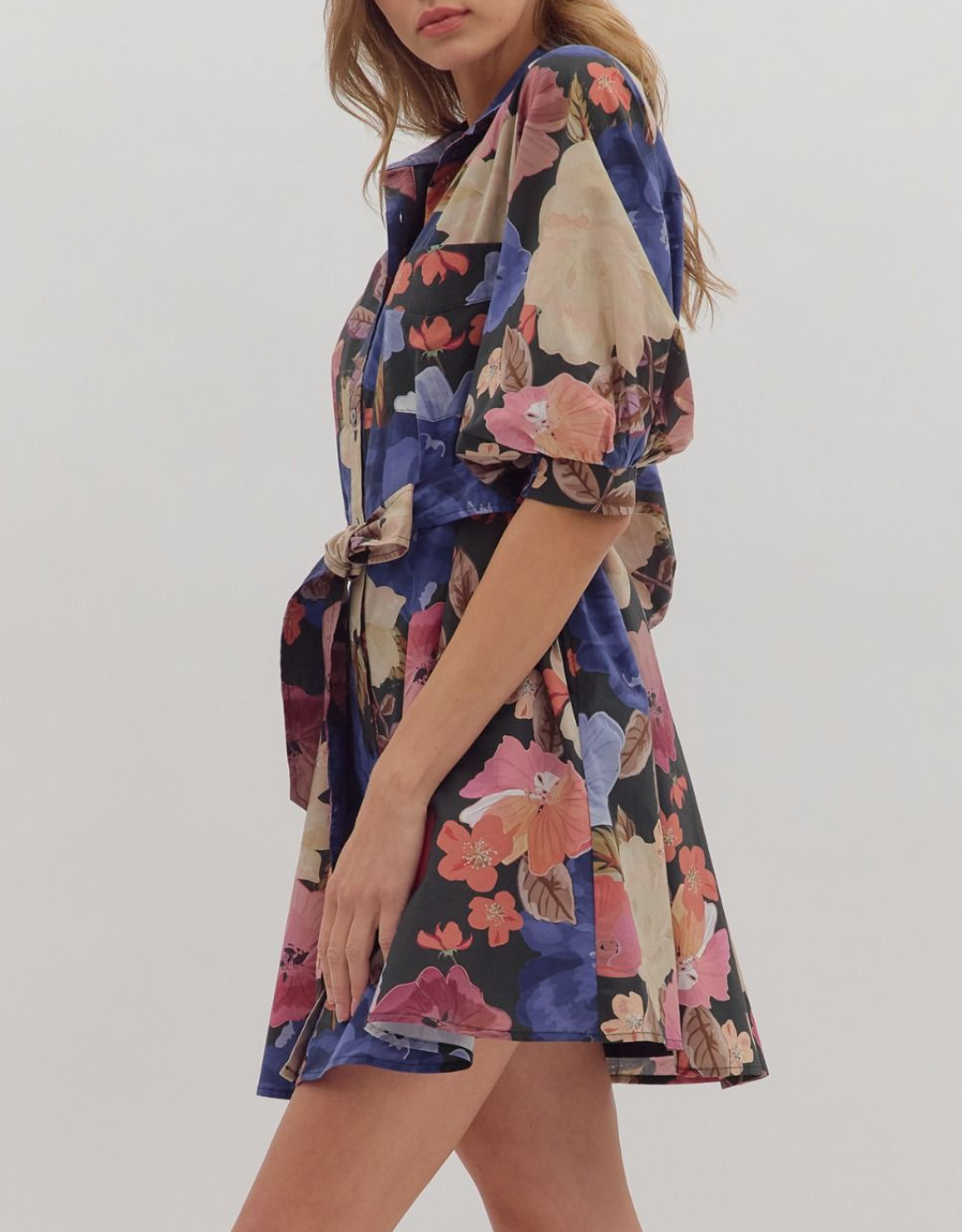 Floral Print Puff Sleeve Mini Dress with Front Chest Pocket