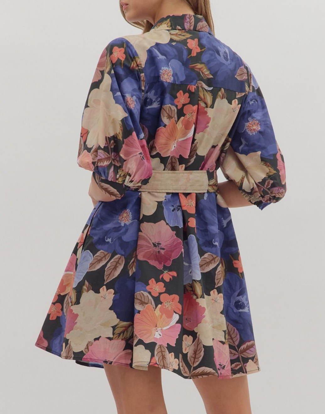 Floral Print Puff Sleeve Mini Dress with Front Chest Pocket