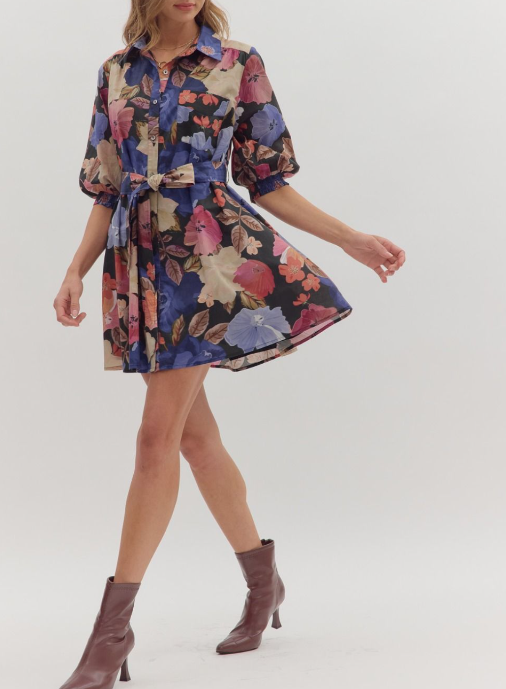 Floral Print Puff Sleeve Mini Dress with Front Chest Pocket