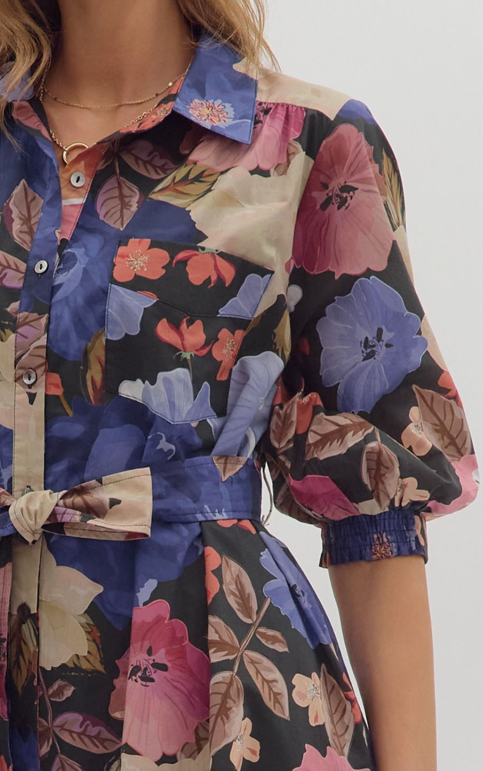 Floral Print Puff Sleeve Mini Dress with Front Chest Pocket