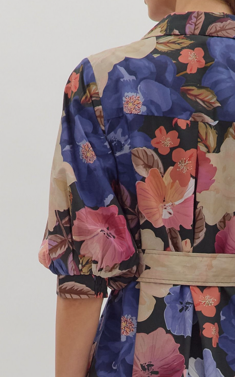 Floral Print Puff Sleeve Mini Dress with Front Chest Pocket