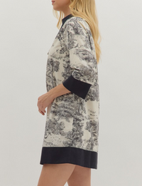 Toile Print 3/4 Sleeve Mini Dress Featuring a Contrast Collar