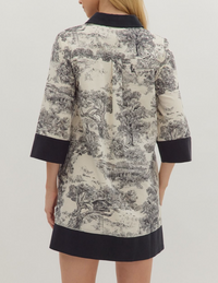 Toile Print 3/4 Sleeve Mini Dress Featuring a Contrast Collar