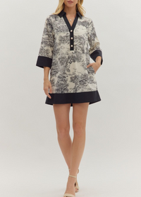 Toile Print 3/4 Sleeve Mini Dress Featuring a Contrast Collar